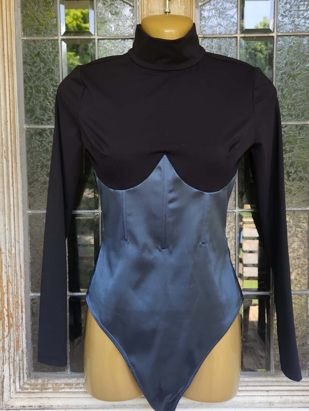 Fleur du Mal Black & Slate Satin Long-Sleeve Turtleneck Bodysuit